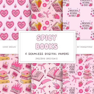 May include: Six digital paper designs featuring pink and white illustrations of books, flames, chili peppers, donuts, and ribbons. The text "Spicy Books" is featured in the center of the image.