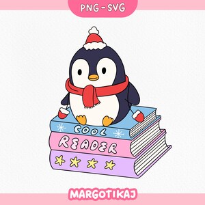 May include: A cartoon penguin wearing a red scarf, hat, and mittens sits atop a stack of books. The books are blue, pink, and purple, with the words "COOL READER" and star graphics.