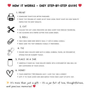 May include: A printable guide with illustrations showing how to make a "100 Reasons Why I Love You" jar. The steps include printing, cutting, rolling, tying, placing in a jar, and finishing. The text reads "How it works - Easy step-by-step guide".