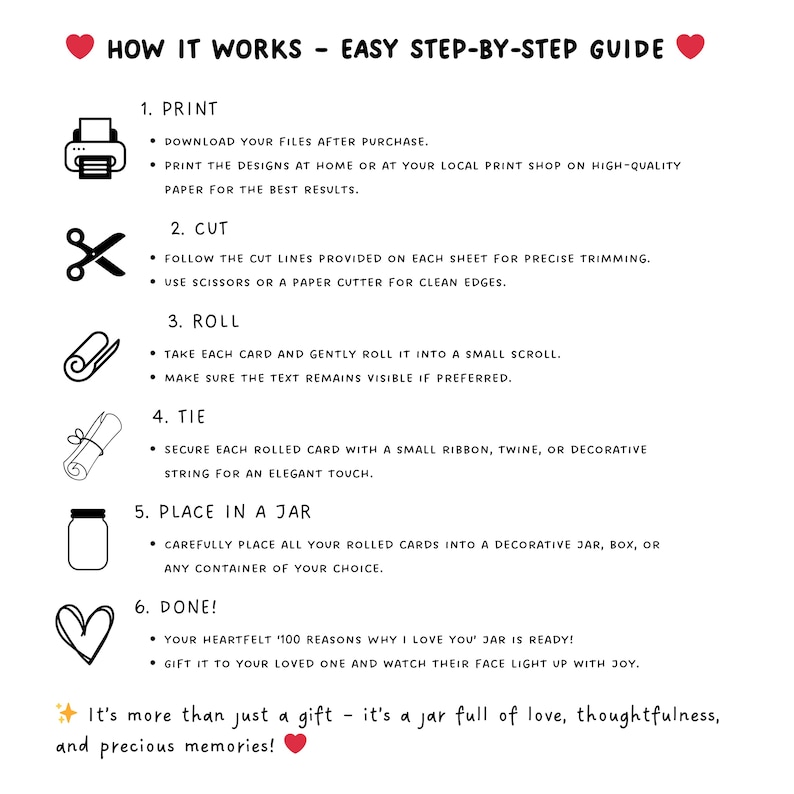 May include: A printable guide with illustrations showing how to make a "100 Reasons Why I Love You" jar. The steps include printing, cutting, rolling, tying, placing in a jar, and finishing. The text reads "How it works - Easy step-by-step guide".