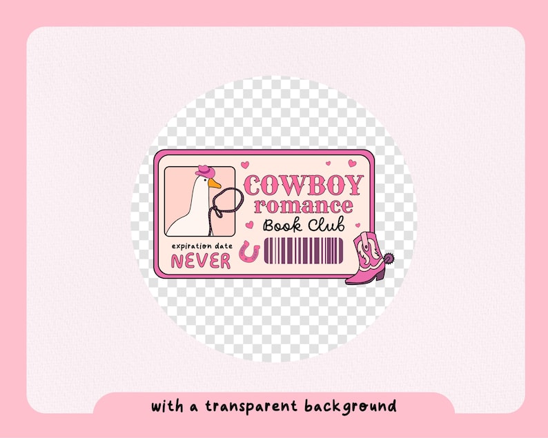 Pu&ograve; includere: Tessera di iscrizione rosa e bianca con il testo "COWBOY romance Book Club" e un'oca di cartone animato che indossa un cappello da cowboy rosa. La data di scadenza &egrave; "NEVER".