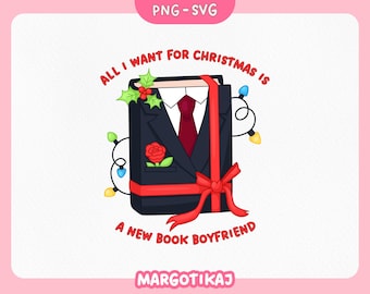 Christmas Book Boyfriend PNG SVG, Bookish Romance Reader Clipart