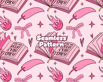 Spicy Book Seamless Pattern, Pink Kawaii Design (Digital Download)