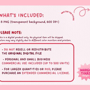 May include: A pink digital product information sheet with the text "WHAT'S INCLUDED: 8 PNG (transparent background, 600 DPI)". The sheet also includes the text "PLEASE NOTE: This is a digital product only. No physical item will be shipped."