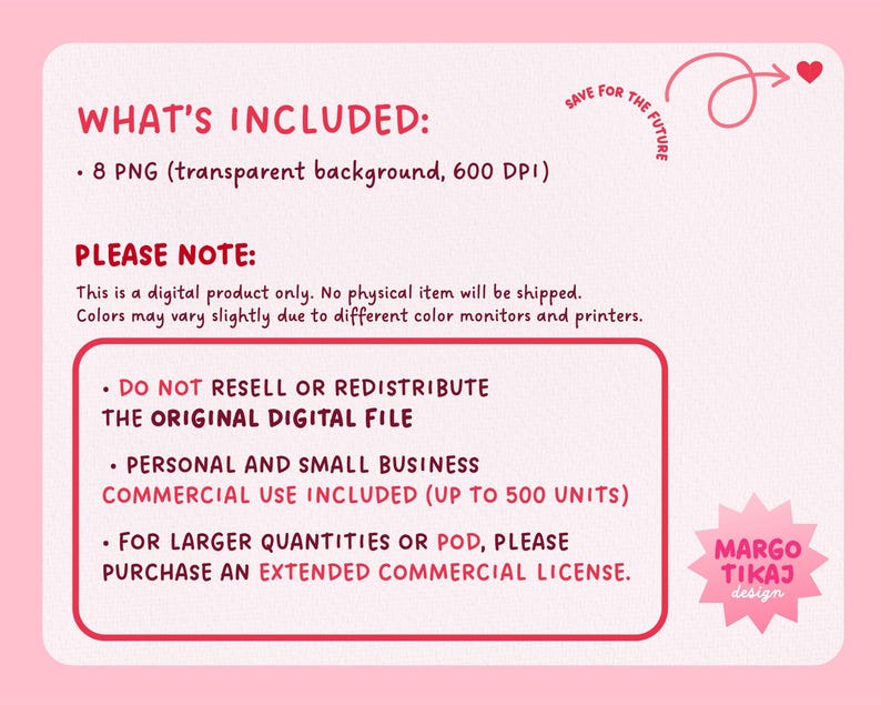May include: A pink digital product information sheet with the text "WHAT'S INCLUDED: 8 PNG (transparent background, 600 DPI)". The sheet also includes the text "PLEASE NOTE: This is a digital product only. No physical item will be shipped."
