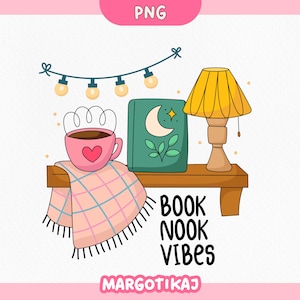 Book Nook Vibes PNG, Cozy Book Corner Sticker, Reading Nook Decor, Book Lover Clipart, Fall Reading Sticker, Bookish PNG for Sublimation
