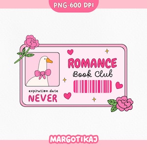 Romanze Book Club PNG | Alberne Gans Bibliotheks-Karten-Aufkleber | Rosa Bücherwurm Printable, Romanze Reader Clipart, digitaler Download