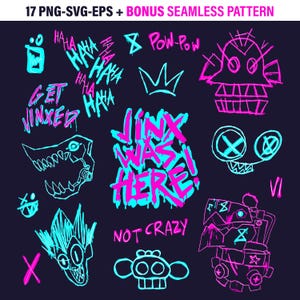 Jinx Graffiti Arcane png svg clipart, League of Legends Hand Drawn Digital Stickers and bonus Seamless Patters