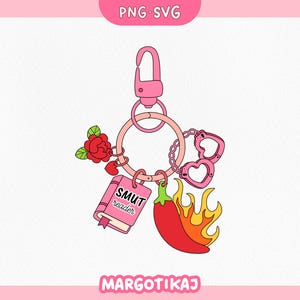 May include: A pink keychain with a lobster clasp, a ring, and several charms. Charms include a red rose, a book that says "SMUT reader", heart-shaped handcuffs, a red chili pepper with flames. The background is white.