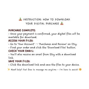 Pu&ograve; includere: Una grafica di testo con istruzioni su come scaricare un acquisto digitale da Etsy. La grafica include il testo "ISTRUZIONI: COME SCARICARE IL TUO ACQUISTO DIGITALE" e descrive i passaggi per accedere e salvare i file digitali.