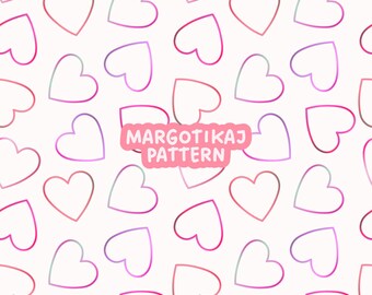May include: A seamless pattern featuring a repeating design of pink, purple, and white hearts. The text "Margotikaj Pattern" is in the center of the image.