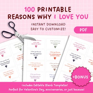 100 Reasons Why I Love You – Cartões de coração para impressão | Bilhetes de amor personalizados em jarra | Ideia de presente faça você mesmo | Download instantâneo