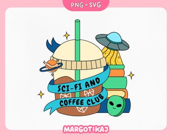 Sticker Sci-Fi Coffee Club: Alien Book Lover Art (digitale download, png-svg)
