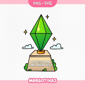 May include: A digital illustration of a green diamond-shaped object atop a tan pedestal, with the text "PROFESSIONAL SIMS ARCHITECT." The image includes small clouds, stars, and the text "PNG-SVG" and "MARGOTIKAJ."
