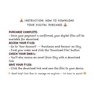 Op de afbeelding: Een tekstuele afbeelding met instructies over het downloaden van een digitale aankoop van Etsy. De afbeelding bevat de tekst "INSTRUCTIE: HOE JE JE DIGITALE AANKOOP DOWNLOADT" en beschrijft de stappen voor het openen en opslaan van digitale bestanden.