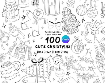 100 Cute Christmas Digital Stamps, Christmas Line Art PNG SVG, Coloring Pages Bundle, Holiday Outline Clipart, Kawaii Christmas Stamp Set