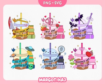 Bundle PNG SVG Coffee Club livres, fantastique mystère romance charbon véritable crime science-fiction autocollants, téléchargement numérique, clipart amateur de livres de genre