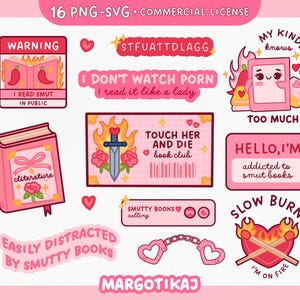 Könnte beinhalten: Ein Set mit 12 digitalen Stickern mit Illustrationen von Büchern, Herzen und Flammen. Die Sticker haben Texte wie "Ich lese Smut in der Öffentlichkeit", "Touch her and die Buchclub", "Mein Kindle weiß", "Hallo, ich bin süchtig nach Schmuddelbüchern", "Leicht abgelenkt von Schmuddelbüchern", "Langsam brennen? Ich brenne", und "STFUATTDLAGG".