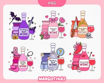 Bookish Wine PNG Stickers: Romance, Mystery, Fantasy (Digital Download)