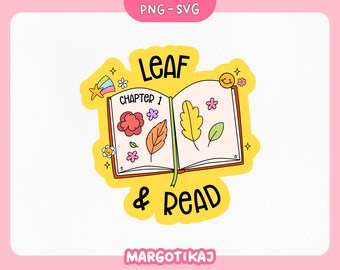 Bookish Fall Sticker Design: Leaf and Read PNG SVG (Digital Download)