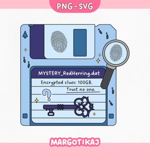 Pode incluir: Ilustração de um disquete azul claro com uma impressão digital, uma lupa e uma chave. O texto no disco diz "MYSTERY_RedHerring.dat", "Pistas criptografadas: 100 GB" e "Não confie em ninguém."