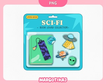 Stickerset scifi-boekenliefhebber: alien, ruimteschip, bladwijzer (digitale download)