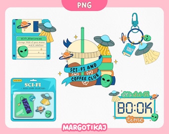 Sci-Fi Book Lover PNG-bundel: Alien Coffee Club, Space Reader-stickers (digitale download)