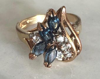 Vintage 14K Gold Electroplated Cocktail Ring w Blue Sapphires and White Diamonds. size 8