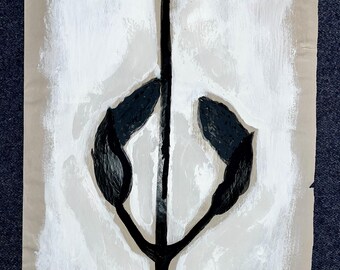 Night Garden: Monochrome Bloom – Acrylic Painting on Neutral-Toned Newsprint, Minimalist Nature-Inspired Wall Art