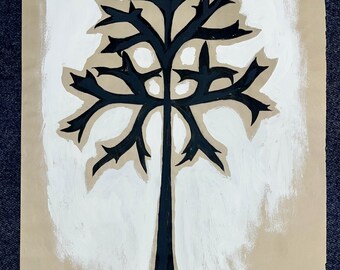 Original Acrylic Painting &quot;Thorned Crest&quot; – Abstract Tree Silhouette Art, Minimalist Neutral Wall Decor on Newsprint, Modern Nature 24x18