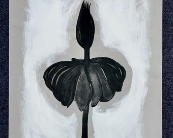 Night Garden: Ebony Pod – Acrylic Painting on Neutral-Toned Newsprint, Minimalist Nature-Inspired Wall Art