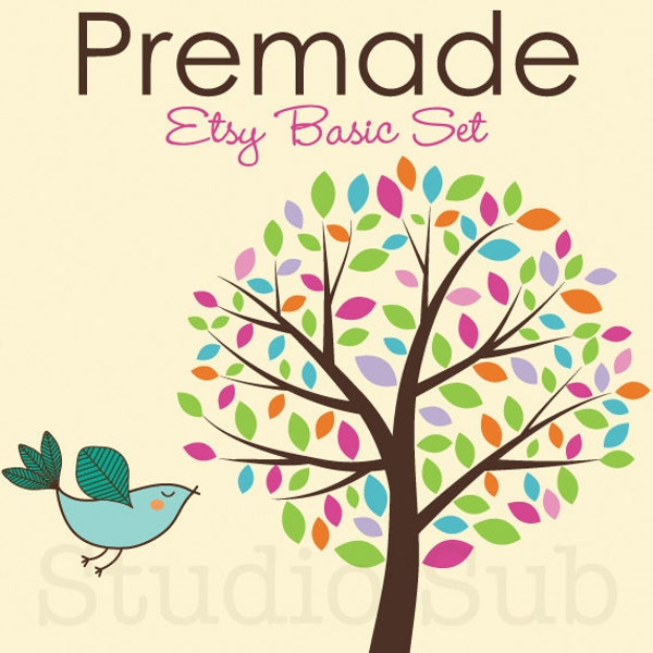Premade Etsy Banner and Avatar Shop Set - Bird and Colorful Leaves