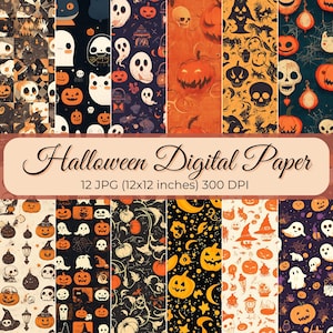 Uroczy wzór Halloween bez szwu, clipart duchów, sezon dyni, pakiet papieru cyfrowego, 12 upiornych wzorów do użytku komercyjnego natychmiastowe pobranie