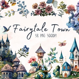 Fairytale Enchanted Forest Digital Clipart, Forest Art, Watercolor, PNG Files, Magical Castle, instant download for commercial use