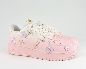 Custom Air Force sneakers Air Force Low Sakura blossom pink spring colors painted embroidered sneakers