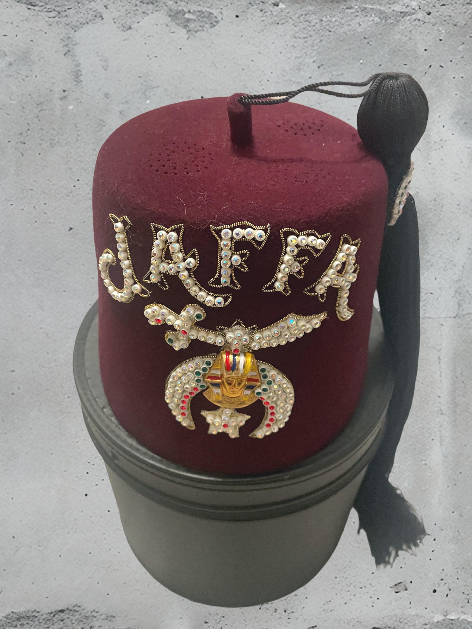 Vintage Jaffa Masonic Shriners Fez Maroon Hat w/ Rhinestones & Tassel Plus Case