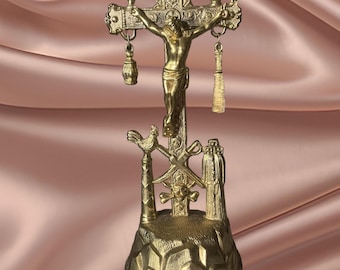 Antique French Arma Christi Ormolu Gilded Brass Cross Crucifix Religious Relic 1900’s