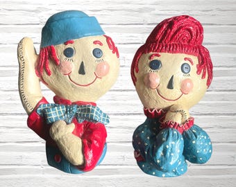 Vintage Pair Raggedy Ann and Andy Face Chalkware Plaster Wall Decor Plaques