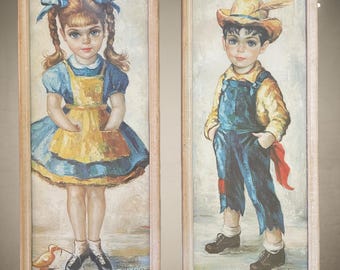 2 Vintage MCM Myrle Medeiros Big Eye FARMER Girl & Boy FRAMED Prints
