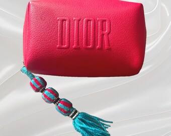 Christian Dior Makeup Pouch Red Faux Leather Cosmetic Bag