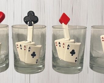 Vintage Playing Cards Rocks Glasses Set Of 4 w 3 Drink Stirs.