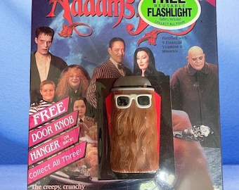 1991 Addams Family Cereal w/Cousin It Flashlight 11 Oz Full Box Factory Sealed