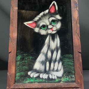 Vintage Black Velvet Big Eye Cat Painting Gray White  21” x 15&quot;