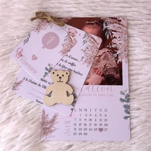 Baptism and 1st birthday announcement: Teddy bear theme - Pink - Birthday announcement - Announcement with photo