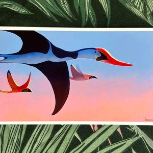 May include: A rectangular art print featuring a digital illustration of three pterosaurs flying against a gradient sky transitioning from light blue to soft pink. The largest pterosaur is dark blue with a red crest, while two smaller ones are orange.