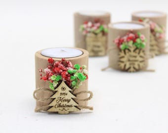 Christmas Personalized Gifts Candle Favor, Christmas Wooden Candle Holder, Happy Holiday Favors, Floral Candle Favors, Merry Christmas Tag