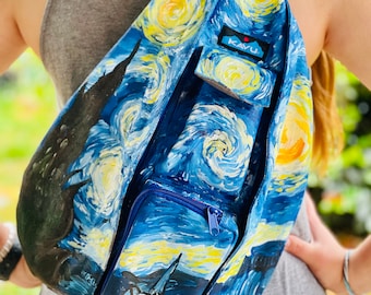 Starry Night bag, starry night crossbody bag, starry night sling bag, hiking bag, backpack, painted Van Gogh Starry Night, Starry night gift