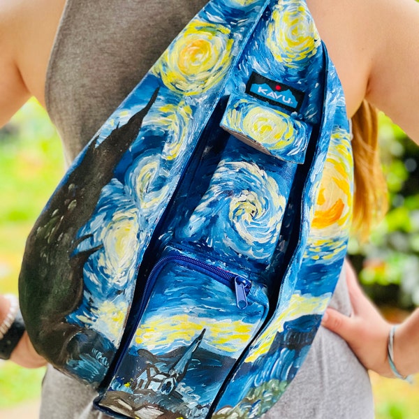 Starry Night bag, starry night crossbody bag, starry night sling bag, hiking bag, backpack, painted Van Gogh Starry Night, Starry night gift