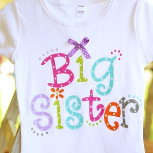 big sister tee, bright colors with ribbon and polka dots for big sister to be, sibling shirt, big sis little brother, little sister shirt