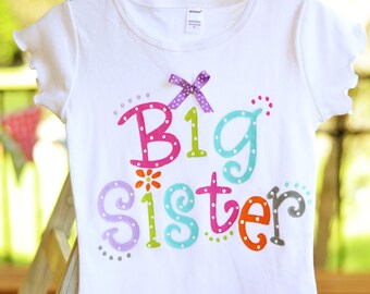 big sister tee, bright colors with ribbon and polka dots for big sister to be, sibling shirt, big sis little brother, little sister shirt